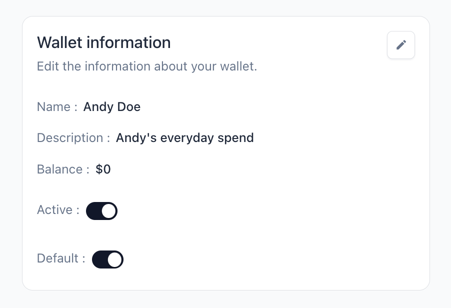 The toggle next to 'default' will be turned on (circle on the right hand side) if this wallet is your default wallet.